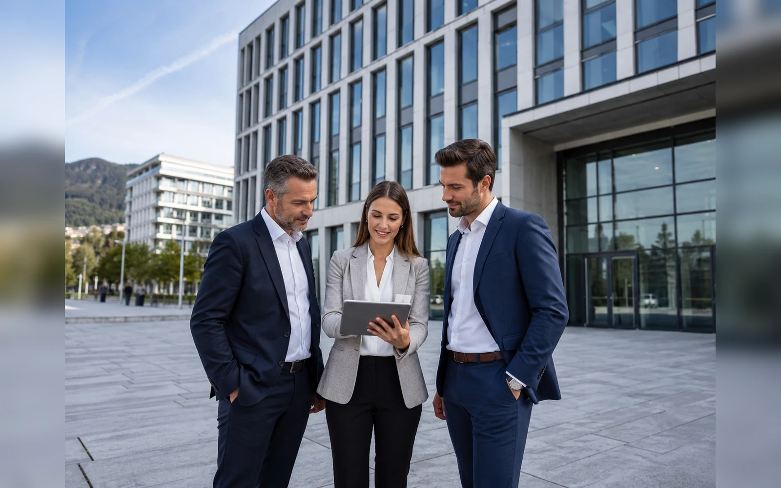 Drei Fachleute besprechen ein Immobilienvorhaben vor moderner Architektur