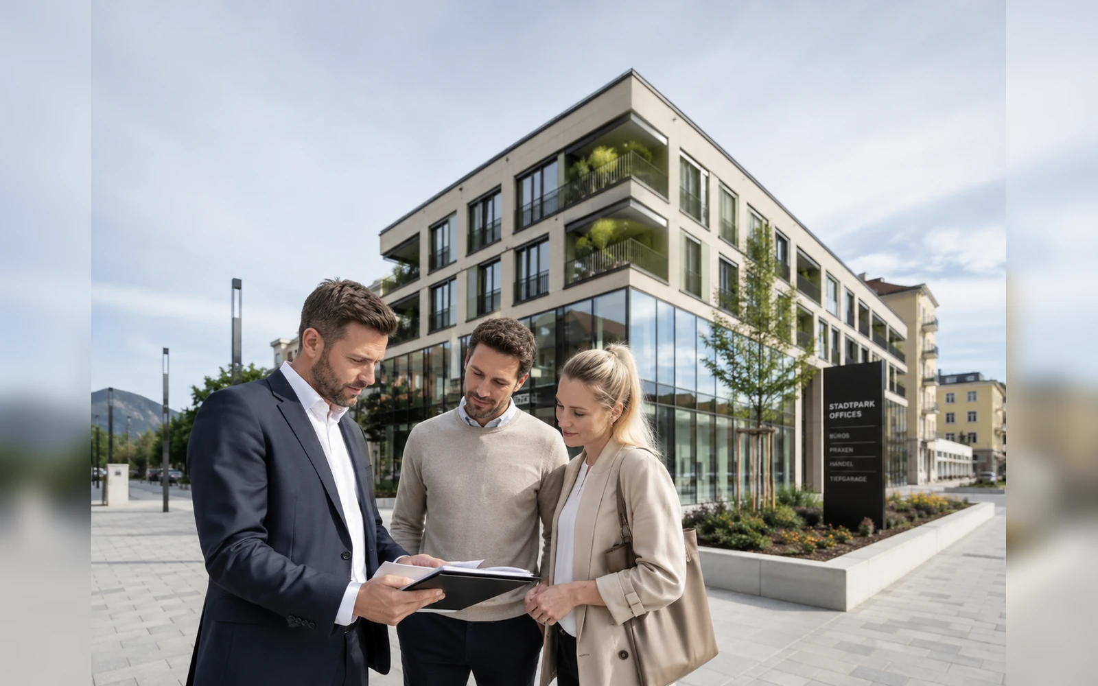 Geschäftspartner bei einem sachlichen Gespräch vor modernen Bürogebäuden